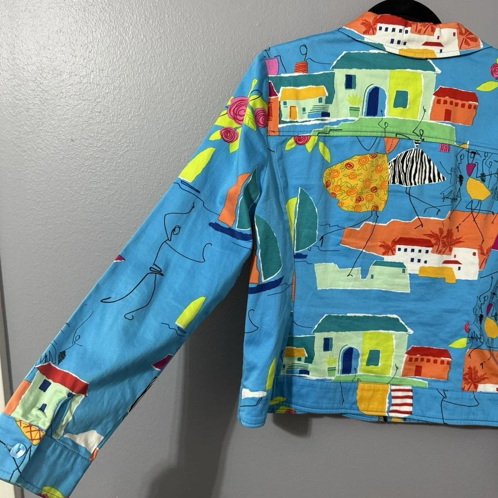 Vtg Women's Jacket Coat Sz 12 Funky Art To Wear Full Zip Houses Boats Travel 90s